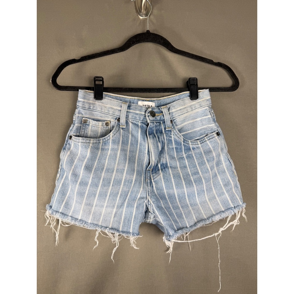 Pistola Denim Shorts Women Size 24 Blue White Pinstripe High Rise Raw Hem Cutoff